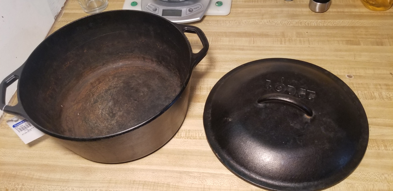 Bit of rust, but nothing too bad. She’ll clean up nice! Surface finish is on par with the rest of the Lodge stuff. The lid says 10 3/4". I only wish there was a handle so I could more easily hang it down over a fire.